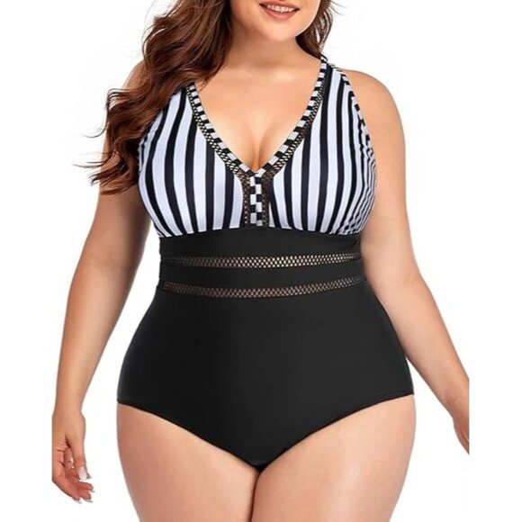 Daci Striped 16W One Piece Swimsuit Tummy Control V-Neck Design Hollow-Out Style - Picture 1 of 10
